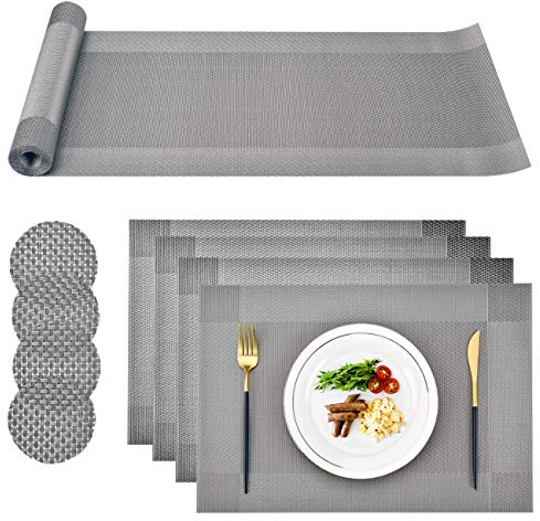 Platzsets PVC Abwaschbar, Tischsets Abgrifffeste Tischset Hitzebeständig, Platz-Matten Set 4 x Platzdeckche, 4 x Untersetzer und 1 x Tischläufer, Platzset für Küche, Restaurant