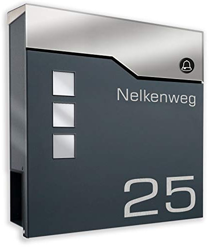Zalafino Briefkasten mit FUNKKLINGEL ANTHRAZIT RAL 7016 mit Beschriftung - individualisierbarer Design-Briefkasten aus pulverbeschichtetem Stahl mit Zeitungsrolle und 3 Sichtfeldern