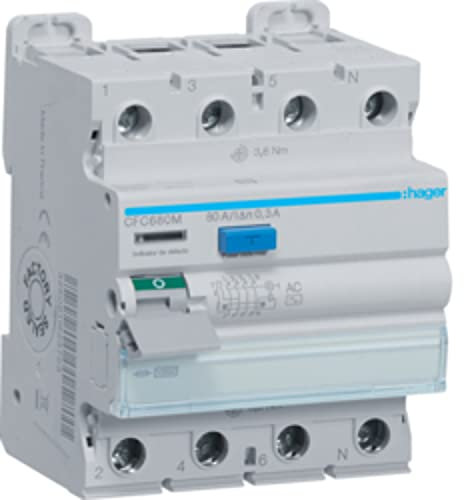 Interrupteur différentiel type AC 4P 80A 300mA blanc 7 x 7,2 x 8,5 cm (référence : Hager CFC680M)