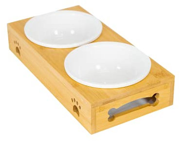 Edipets, Comedero Perro Gato, Bebedero Perro Gatos, Madera, Plato Simple, Doble, Triple Extraíble de Cerámica o Acero Inoxidable, Base de Bambú Antideslizante (Cerámica, Doble)