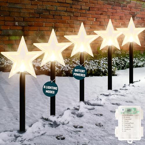 GloBrite 5 Pack Star Garden Christmas Pathway Lights – LED Outdoor Christmas Lights, Battery Powered 39cm Stakes - IP44 Waterproof Decorations for Garden & Pathways