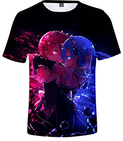 Syqiya Herren Damen Anime Kurzarm T-Shirt Hemd different world from zero Remu Ramu Top 3D Bluse Hemd Cosplay Kostüm Tee Shirt Schwarz L (Chest 106cm)