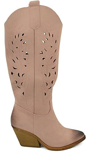 Stivali donna camperos texani rosa cipria scamosciato forato tacco western comodo gomma altezza ginocchio estivo (36 EU)