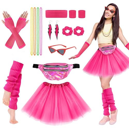 Editbar Ensemble D'accessoires de Déguisement des Années 80 pour Femmes - Sac de Ceinture, Boucle D'oreille, Gants en Résille, Collier, Bandeau - pour soirée à thème rétro néo carnaval femmes filles