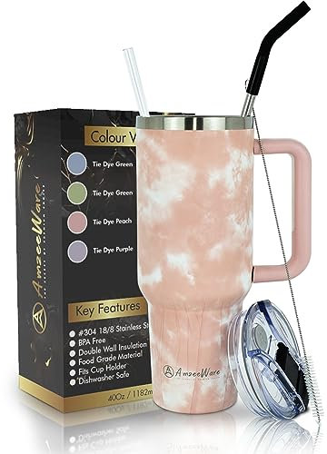 AmzeeWare 40oz Insulated Tumbler with Handle and Straw (Peach - TIE DYE)
