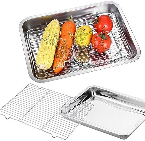 SUQ Panier barbecue, casserole égouttée, casserole rectangulaire brossée à l'huile avec support et plateau, panier en acier inoxydable pour barbecue extérieur - plateau de légumes et de viande