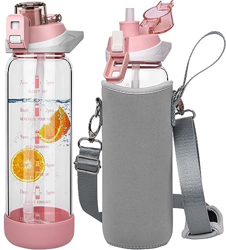 Seekua 0.8l Sport Gourde Verre avec Paille & Heure de Motivation 800ml Bouteille d'eau Verre Réutilisable sans BPA avec Marqueur de Temps