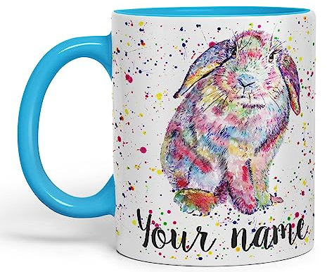 Vixar Personalised with Your Text Lop Rabbit Bunny Eared Watercolour Art Coloured Ceramic Mug Cup Gift 330ml 11oz Custom Work Office Tea Coffee (L Blue)