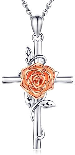 JERWLI Rosen-Halskette, 925er-Sterlingsilber, Rosen-Kreuz-Anhänger, Halskette, Juni-Geburtsblume, Schmuck für Frauen und Mädchen