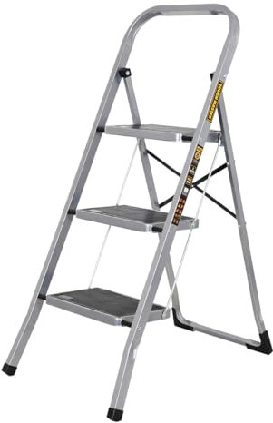 Step Ladder Heavy-Duty Steel, Non-Slip Rubber Steps, Anti-Slip Feet, Compact Platform With Handle, Safety Folding Ladder With 150KG Max Capacity TOUGH MASTER (3 Steps)