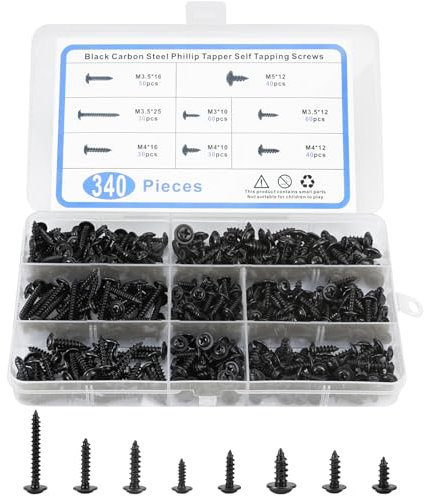 340 Pièces Vis Autotaraudeuses avec Boîte en Plastique, M3 M3.5 M4 M5 Vis à Tête Fraisée, Vis Autotaraudeuses de Acier Carbone Noir, Tête Croisée, pour Plastique Bois Métal Mou(8 Taille)