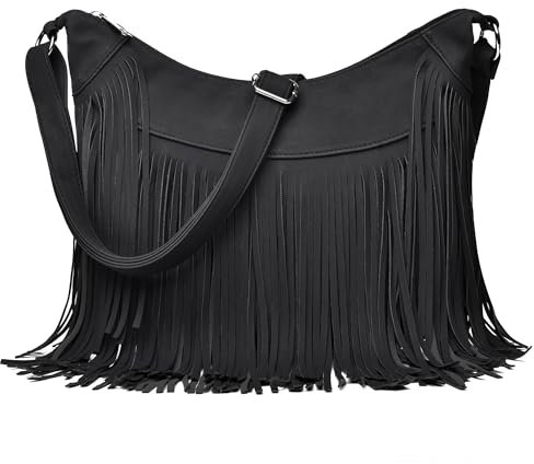Dora & Liz Hobo-Tasche mit Fransen für Damen, Vintage, Wildleder, Umhängetasche, Hippie, Western-Cowgirl, Geldbörsen, Quaste, Schultertasche, Schwarz, 14.2 L x 3.9 W x 10.3 H