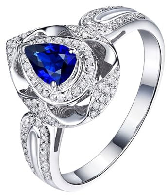 Ring For Couples, Ring mit Steinen Rundherum 18 Karat Weißgold AU750 Lab Saphir 0.6CT Blau Tropfenschliff VVS mit Diamant Natur Weiß Größe 57 (18.1)