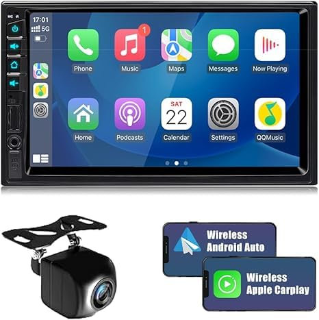 Upgrade 7 inch Double Din Car Stereo for Wireless Carplay & Android Auto with Voice Control,Bluetooth5.2 MirrorLink, Car Radio with Backup Camera,Touch Screen SWC/USB/SD AM/FM/AUX