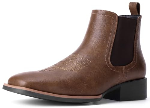 Choiran Western Cowboy Boots for Men - Mens Square Toe Chelsea Boots Ankle Cowboy Boots for Men Casual Retro Stylish Boots Brown