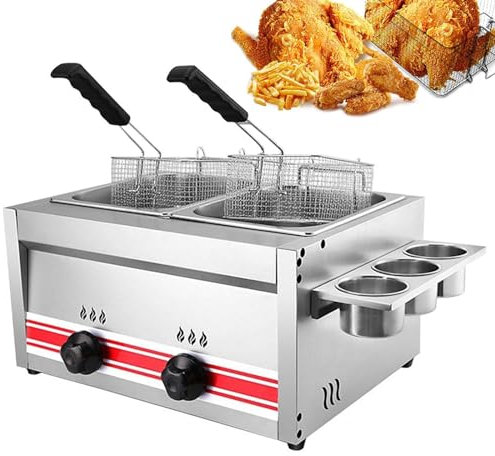 Commercial Gas Deep Fat Fryer, 2×10L Dual Tanks Gas Deep Fryer, Stainless Steel Countertop Deep Frying for French Fries Restaurant Home Kitchen