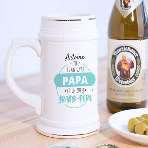 Wanapix | Chope de Bière Allemande Personnalisé | Cadeau avec Foto e Texte | Cadeaux Fête des Pères | 580ml | Super Grand-Père