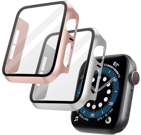 OFFCUP 2 Pezzi Cover per Apple Watch Series 6 / SE/Series 5 / Series 4, 44mm con Vetro Temperato, Copertura Completa Custodia Rigida HD Clear Pellicola Protettiva (Oro Rosa)