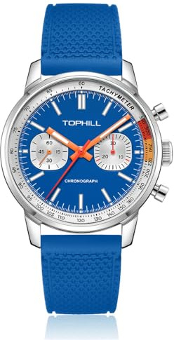 TOPHILL 1963 Piloten Herren-Chronograph, mechanische Uhr, original Möwe ST1901-Uhrwerk, 40 mm, Saphir, leuchtende Piloten-Armbanduhren, Blauer Schriftzug, blaues Armband, Modern