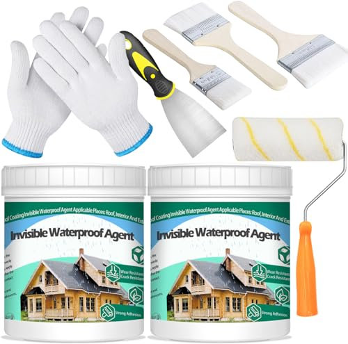 QUKLOGEN 2Kg 70.5Fl.oz Impermeable Invisible Pintura Impermeable Interior y Exterior Juego de Sellador Líquido Transparente con Cepillos de Madera,Rascador,Rodillo de Pintura,Guantes de Trabajo 