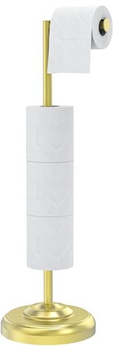 WZKALY Support de papier toilette autonome avec rangement – Peut contenir 4 rouleaux supplémentaires – Porte-papier toilette doré brossé pour salle de bain – Base robuste, style rétro classique,