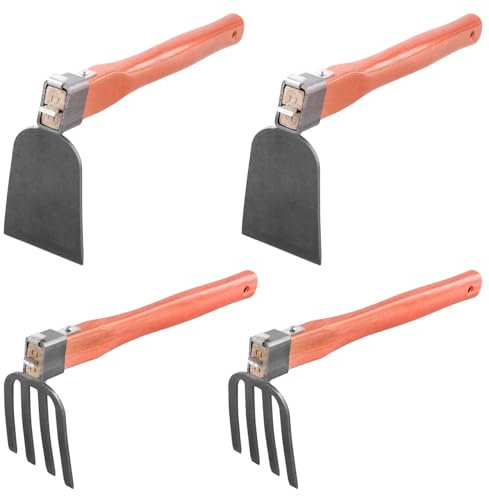 MAKTSAM 4 zappe da giardino da 38 cm e rastrello da giardino, con manico in legno, per allentare il terreno, diserbo