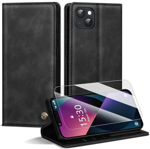Handyhülle für iPhone 13 Hülle,Premium Lederhülle für iPhone 13 [Mit 1 Stück Panzer Schutz Glas] Magnet Kartenfach Klapphülle Schutzhülle für iPhone 13,Schwarz