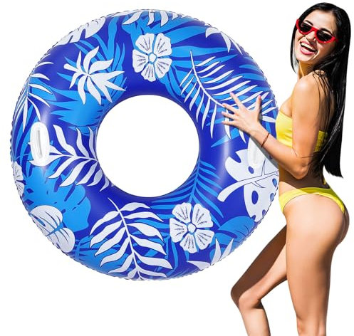MoKo Schwimmringe mit Griffen für Erwachsene, Aufblasbar Schwimmreifen Wasserspielring, Groß 107 cm Schwimmring Luftmatratze Pool Spielzeug Wasserspielzeug für Strand Schwimmbad Draußen, Blau-Weiß