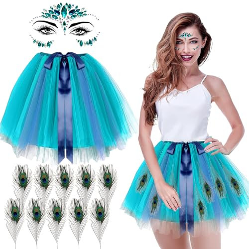 Damen Pfau Kostüm, Blau Grün Pfau Tutu Rock, 10 Pfauenfedern, Gesicht Strasssteine, Pfau Kostüm Accessoires, Karneval Pfau Rock, Pfau Kostüm für Fasching Karneval Mottoparty Kostüm Accessoires