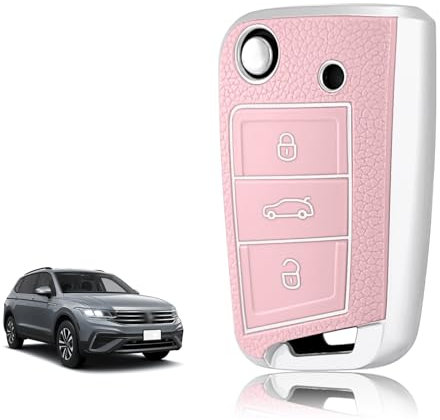 TOOMUME Coque Clé Silicone, Etui Clé Étui Clé Adapté pour VW Volkswagen Golf 7 Polo Tiguan Taigo Seat Leon Ibiza Skoda Octavia Superb Fabia, Couvre Clef Bord Doré & Argenté Texture Cuir
