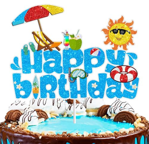 Kuchen Topper Geburtstag, Strand Happy Birthday Tortenaufsatz, Glitter Sommer Pool Schwimmen Surf Kuchen Topper, Pool Strand Cake Topper, für Sommer Urlaub Strand Pool Party Dekoration Zubehör (C)