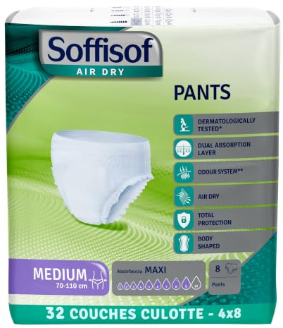 Soffisof Air Dry Windelpants für Erwachsene Maxi M - 32x Inkontinenz Pants - 4 Packungen mit 8 Windeln, 9 Tropfen - Windeln Pants