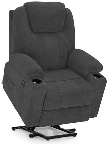 M MCombo Fernsehsessel mit Aufstehhilfe Elektrisch, Relaxsessel mit Liegefunktion bis 140°, Sessel mit Aufstehhilfe, mit Massage & Heizung, Knopf & Fernbedienung Verstellbar, 7040 (Chenille, Grau)