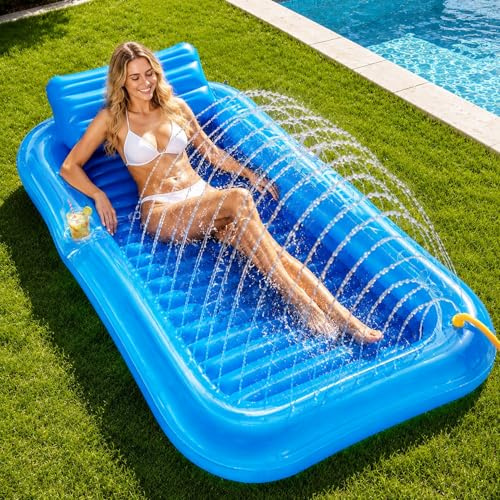 Aufblasbare Tanning Pool,Tanning Pool mit Eingebautem Sprinkler,Luftmatratze Schwimminsel mit Getränkehalter,Luftmatratze Wasser mit Eingebautem Sprinkler für Erwachsene Badebett & Wasserparty