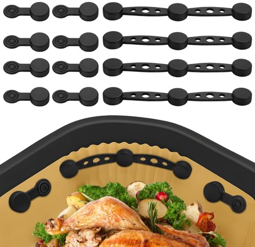 12 Stück Airfryer Magnete für Backpapier, Silikon Magnete Schnalle für Heißluftfritteuse, 4 Silikonstreifen 8 Schnallen, Festhalten Von Pergamentpapier, Wiederverwendbare Airfryer Zubehör (Schwarz)