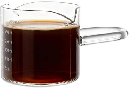 Glass Measuring Jug, 250 ML/9oz Espresso Measuring Cups with Double Spouts, Dual Scale Measuring Jugs with Handle, Borosilicate Glass Heating & Microwave Safe, Espresso Jug for Baking, Coffee, Milk