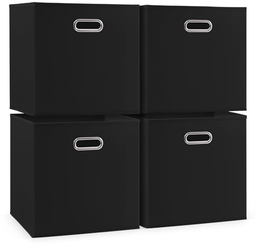 Woodluv Large Storage Cube Boxes, Set of 4 Foldable Storage Basket for Cupboards, Shelves, Closet, Set of 4, Black, 33 x 33 x 33 cm