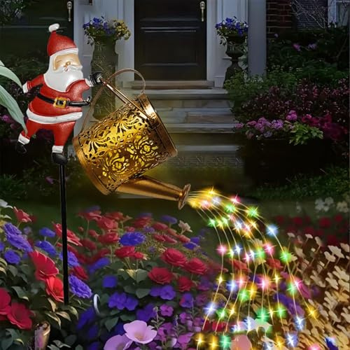 Christmas Solar Kettle Lights,Weihnachtliche Solar-Wasserkocher-Beleuchtung, Gießkanne Aus Metall, Hängelampe Mit Weihnachtsmann-Motiv, Für Garten, Weg, Terrasse