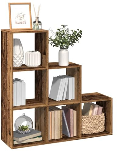 QZZCED Libreria Divisorio 3 Ripiani in Legno Antico con Sei Scomparti Cubici Truciolato Stabile per Organizzazione Casa e Ufficio, Scaffale Portaoggetti Multiuso con Design a Scala