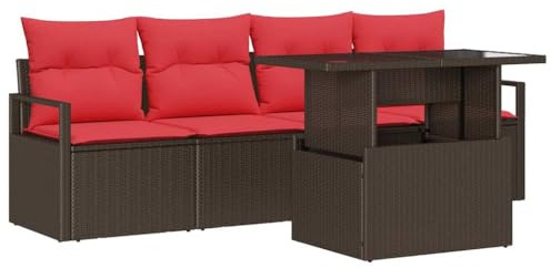 vidaXL Gartensofa-Set mit Speicher 5 pcs Braun und Rot Poly-Rattan, Garten und Terrasse, Modular-Sofa, Outdoor-Lounge, wetterfestes Möbel, UV-beständig, langlebige Sitzgelegenheit