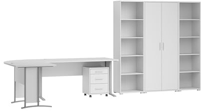 Büro-Set >Office Line< 3-tlg. in weiss, Winkelschreibtisch aus Holzwerkstoff mit Melaminbeschichtung, B/H/T 220x72x170 cm, inkl. Rollcontainer B/H/T 40x56x39 & Regalwand B/H/T 184x186x35; Kugelauszug