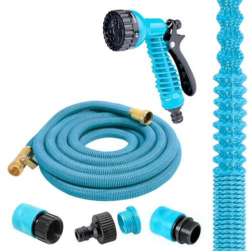 H&F Heimtextilien Flexibler Gartenschlauch 5-15 m (16-50 ft), dehnbarer Wasserschlauch mit Messinganschlüssen, 7-fach Sprühdüse, knickfest, leicht & platzsparend