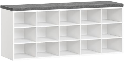 HOOBRO Schuhbank mit 15 Fächern, Schuhregal mit gepolsterter Sitzbank, Schuhschrank, 110 x 30 x 48 cm, für Flur, Schlafzimmer, Wohnzimmer und Eingangsbereich, Weiß und Grau