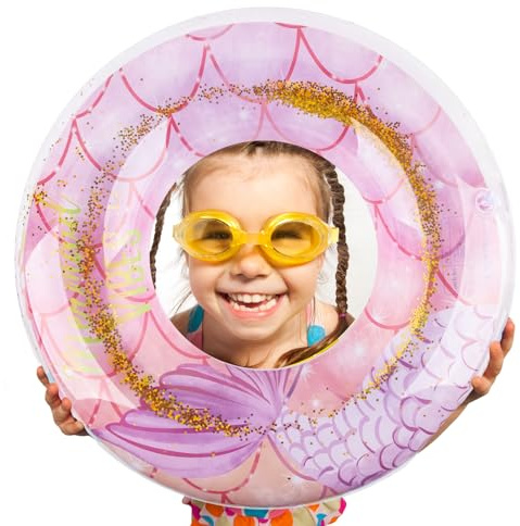 ZoneYan Pailletten Schwimmreifen Meerjungfrau, Kinder Pailletten Schwimmring, Aufblasbarer Schwimmring, Kinder Aufblasbarer Schwimmreifen, Meerjungfrau Schwimming Ring für Alter 3-9 Jahren Mädchen
