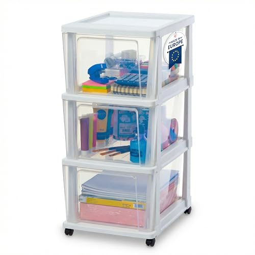 Iris Ohyama, Rollcontainer Kunststoff auf Rollen, 3 Grosse Schubladen, Weiß, Leichtes Öffnen, Aufbewahrung, für Badezimmerschrank, Zimmer, Organizer, BPA-frei, KMC-303