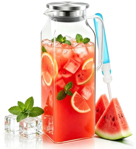 Caraffa in vetro da 2 litri, caraffa per acqua con coperchio, caraffa in vetro per porta del frigorifero, caraffa quadrata con spazzola per tazze per acqua fredda, calda, vino, succo, tè, latte