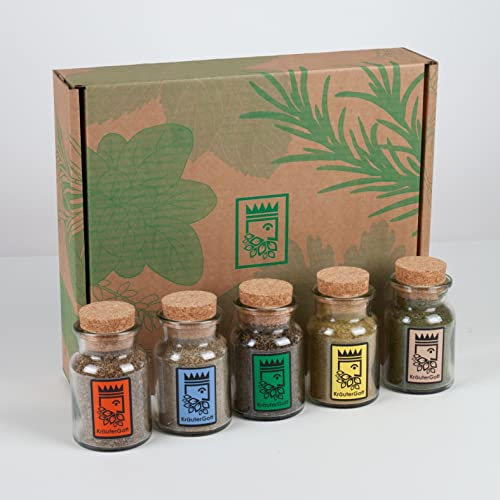 Kräutersalz Box von KräuterGott - Original und handgefertigt mit 50% Kräuteranteil - 5 Kräutersalze in edlen Korkengläsern