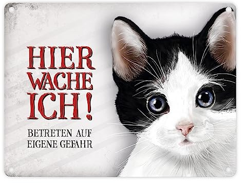 Metallschild mit Katze Motiv und Spruch: Betreten auf eigene Gefahr - Hier wache ich!