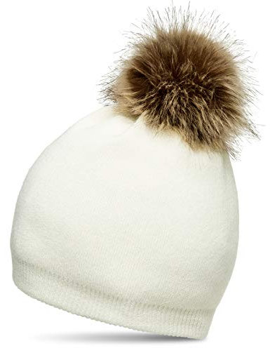 Caspar MU187 elegante Damen Feinstrick Mütze Bommelmütze mit Fellbommel, Größe:One Size, Farbe:wollweiß