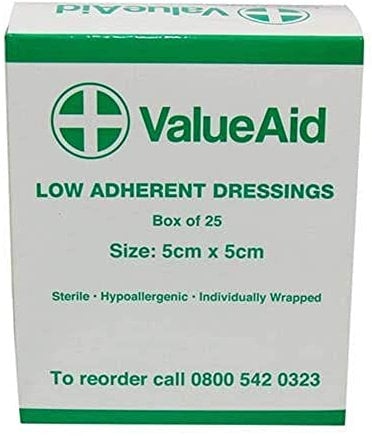 Value Aid Low Adherent Dressing Pads - 5cm x 5cm Hypoallergenic Sterile Wound Care, Non-Stick Surface for Gentle Removal - Individually Wrapped Medical Dressings for Cuts & Grazes (25 Pack)